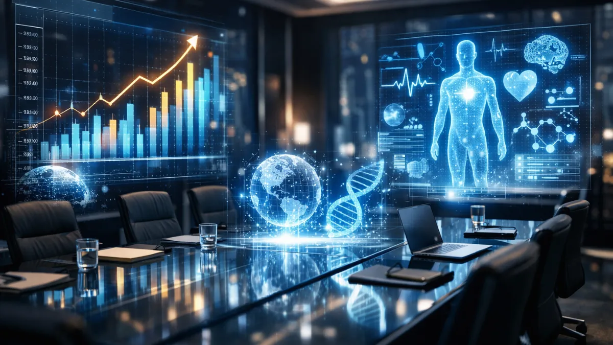 A sleek, high-tech corporate boardroom featuring futuristic glowing digital data streams representing AI financial investments and medical research.