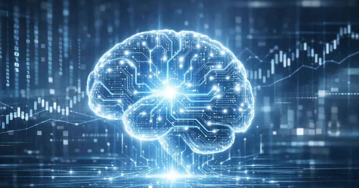 A glowing digital brain surrounded by abstract data streams representing advanced artificial intelligence and professional technology.