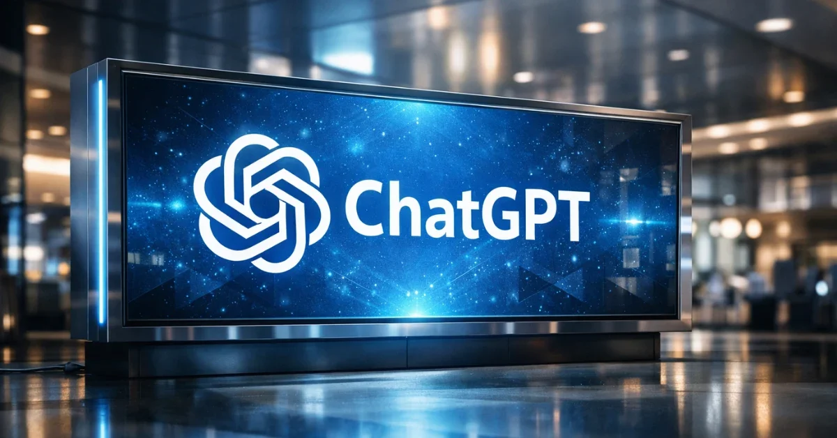 A sleek digital billboard displaying the ChatGPT logo in a modern corporate office setting, representing OpenAI's expansion into advertising.