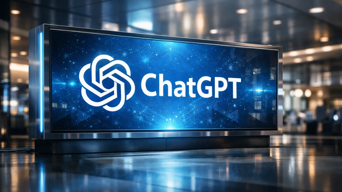 A sleek digital billboard displaying the ChatGPT logo in a modern corporate office setting, representing OpenAI's expansion into advertising.
