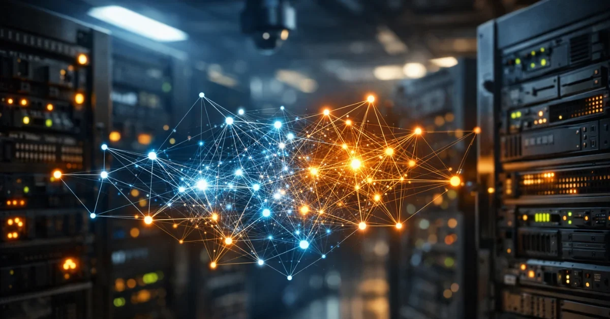 Abstract artificial intelligence network glowing inside a secure, modern military data center with highly classified server racks.