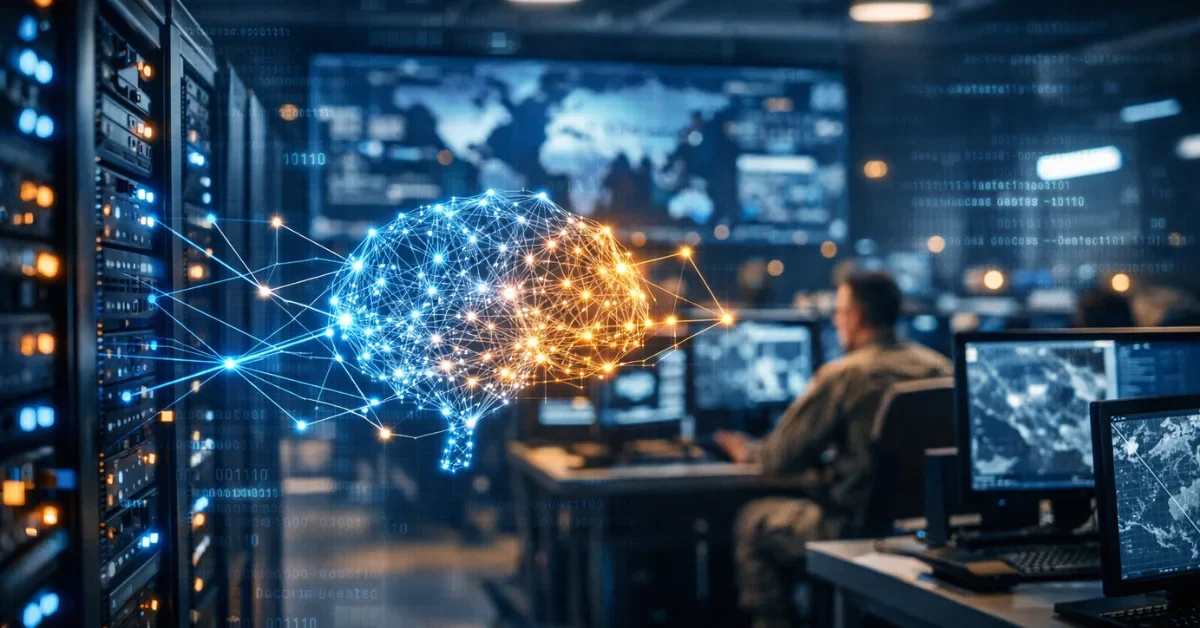 A secure military server room illuminated by blue and amber lights, representing the intersection of artificial intelligence and defense technology.