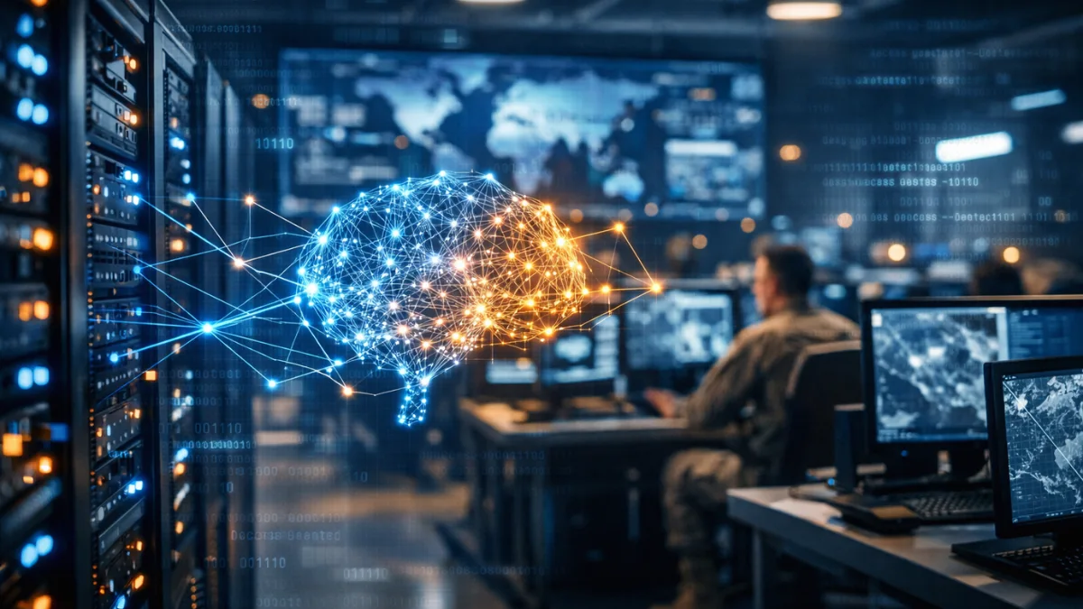 A secure military server room illuminated by blue and amber lights, representing the intersection of artificial intelligence and defense technology.