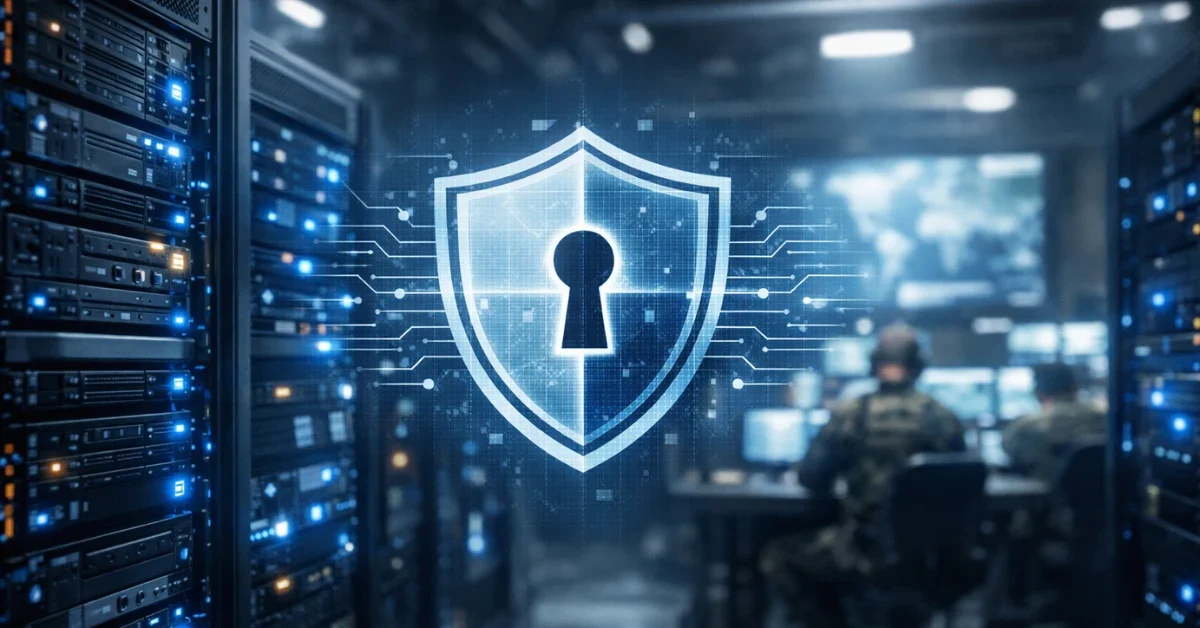 Glowing server racks in a secure military operations center representing classified artificial intelligence deployments.