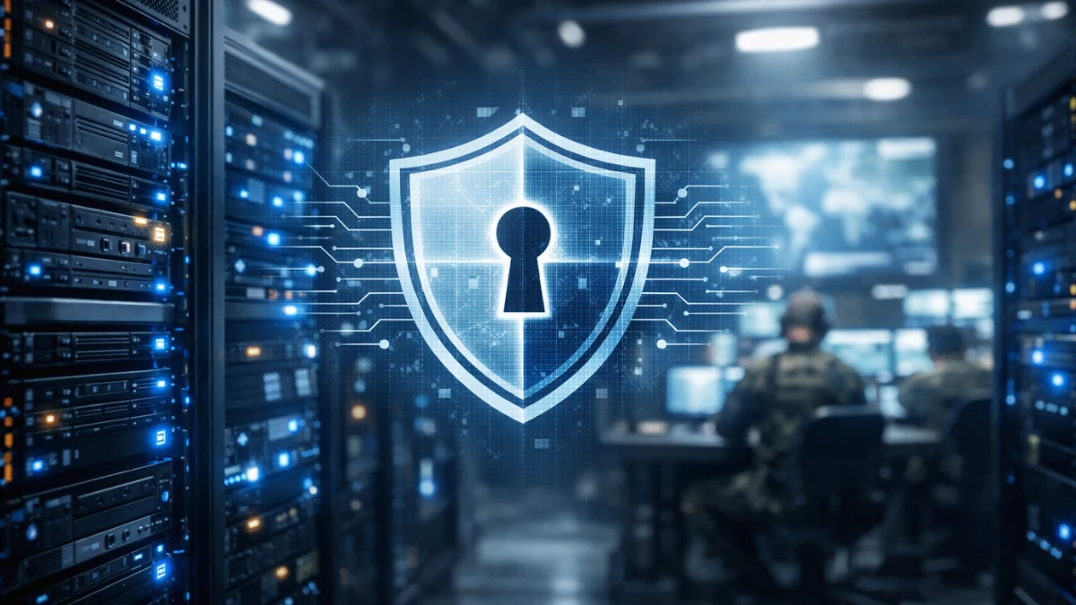 Glowing server racks in a secure military operations center representing classified artificial intelligence deployments.