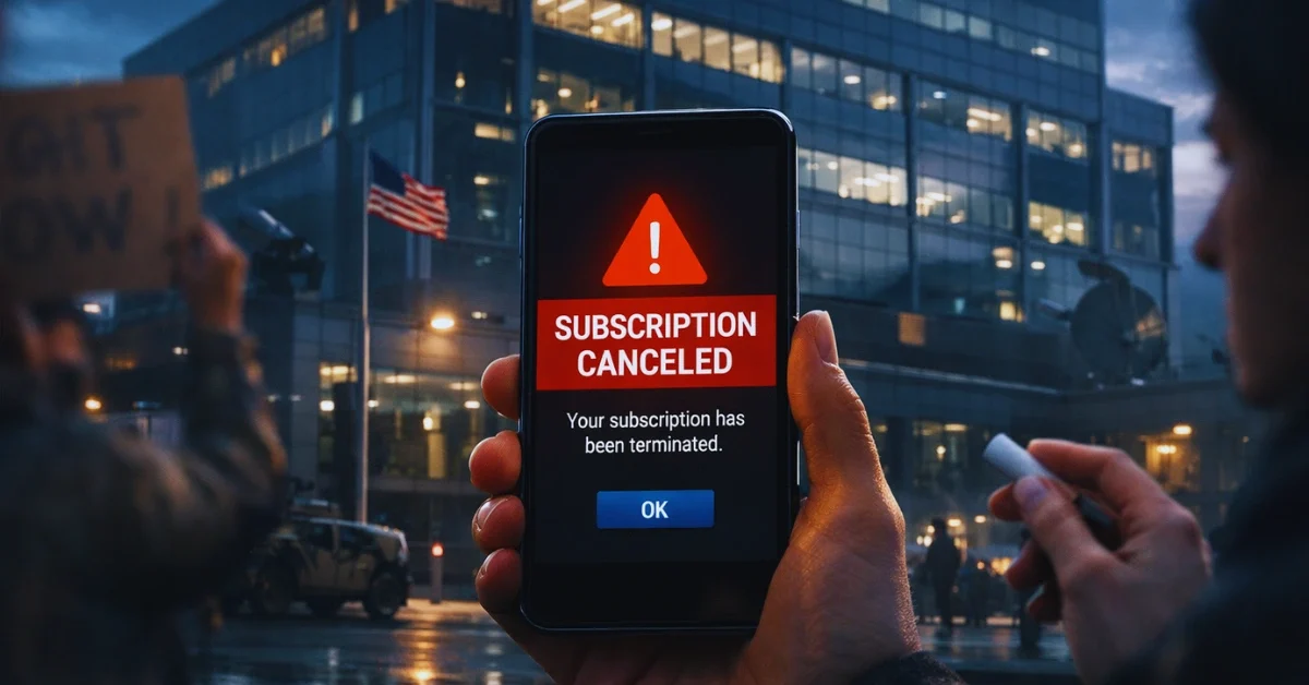 A smartphone displaying a canceled AI subscription notification, with blurred activists protesting outside a modern tech office building in the background.