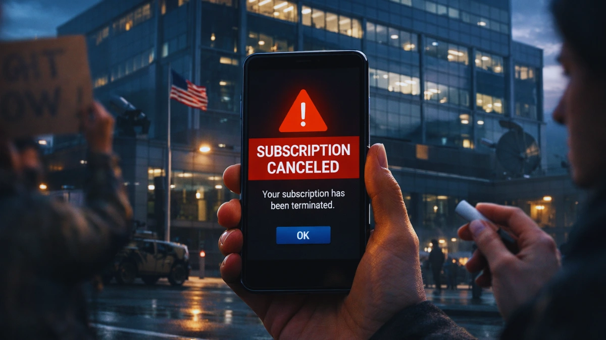 A smartphone displaying a canceled AI subscription notification, with blurred activists protesting outside a modern tech office building in the background.