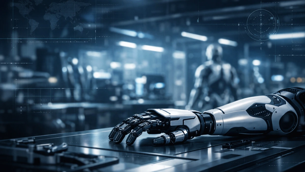 A sleek, inactive robotic arm rests on a high-tech workbench in a dark, futuristic AI lab with subtle digital grid overlays.