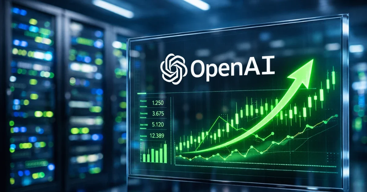 Glowing OpenAI logo and upward financial charts displayed on a high-tech glass screen inside a modern server room, representing massive corporate investment.