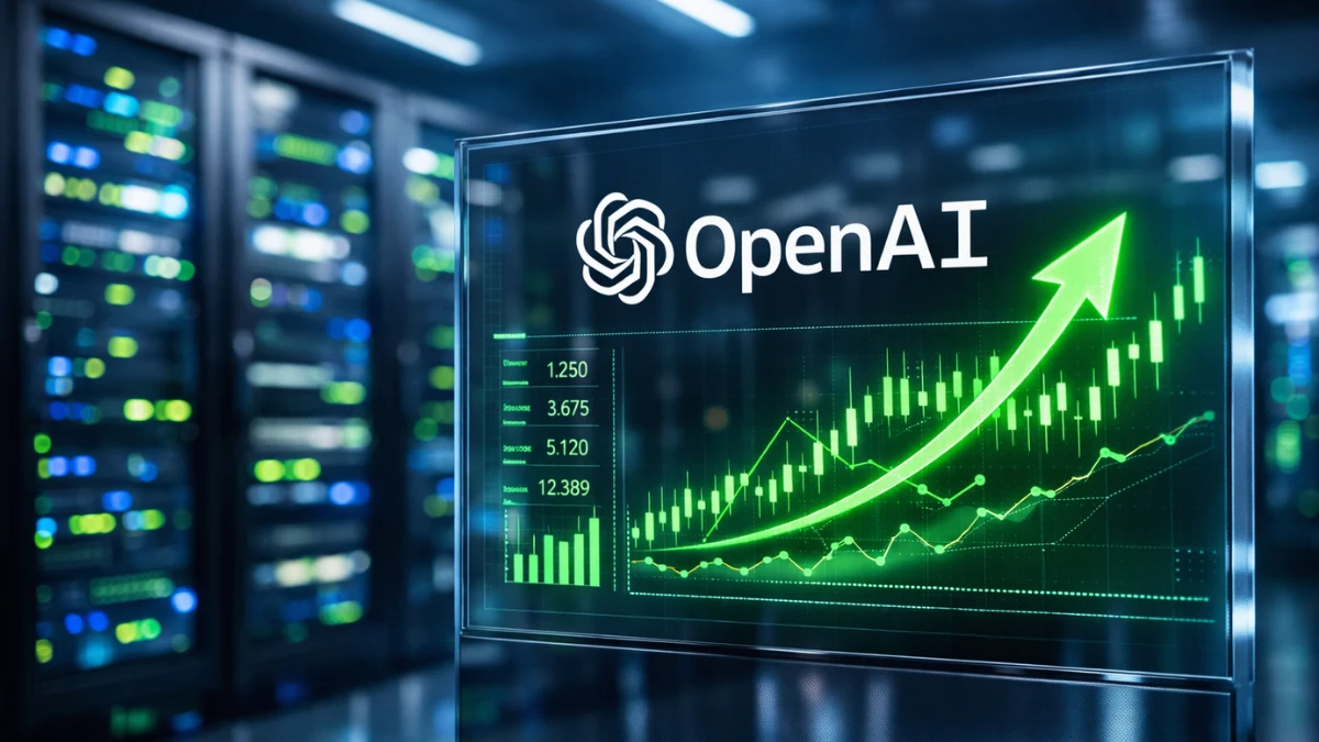 Glowing OpenAI logo and upward financial charts displayed on a high-tech glass screen inside a modern server room, representing massive corporate investment.