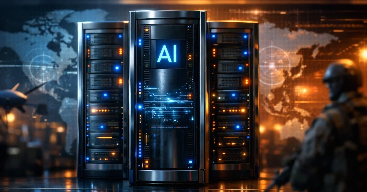 Glowing digital server racks representing advanced artificial intelligence integrated with subtle defense data streams.