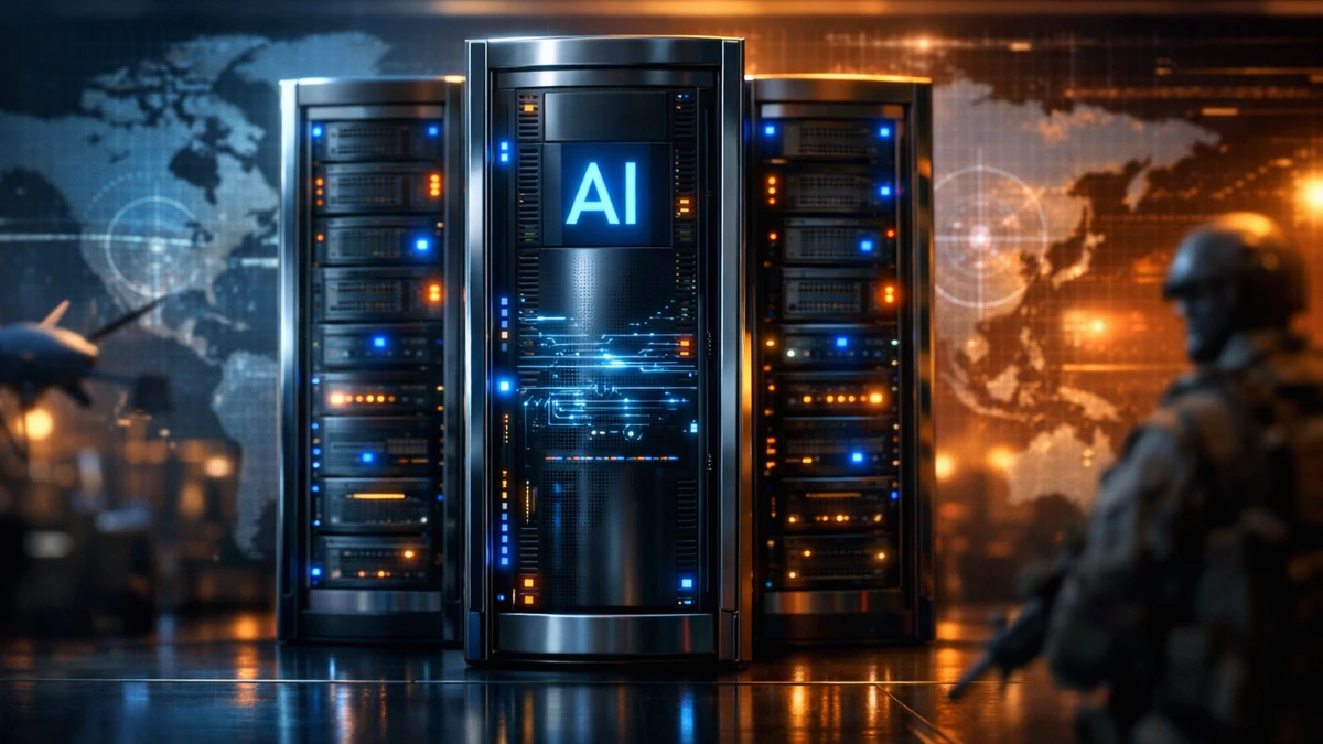 Glowing digital server racks representing advanced artificial intelligence integrated with subtle defense data streams.