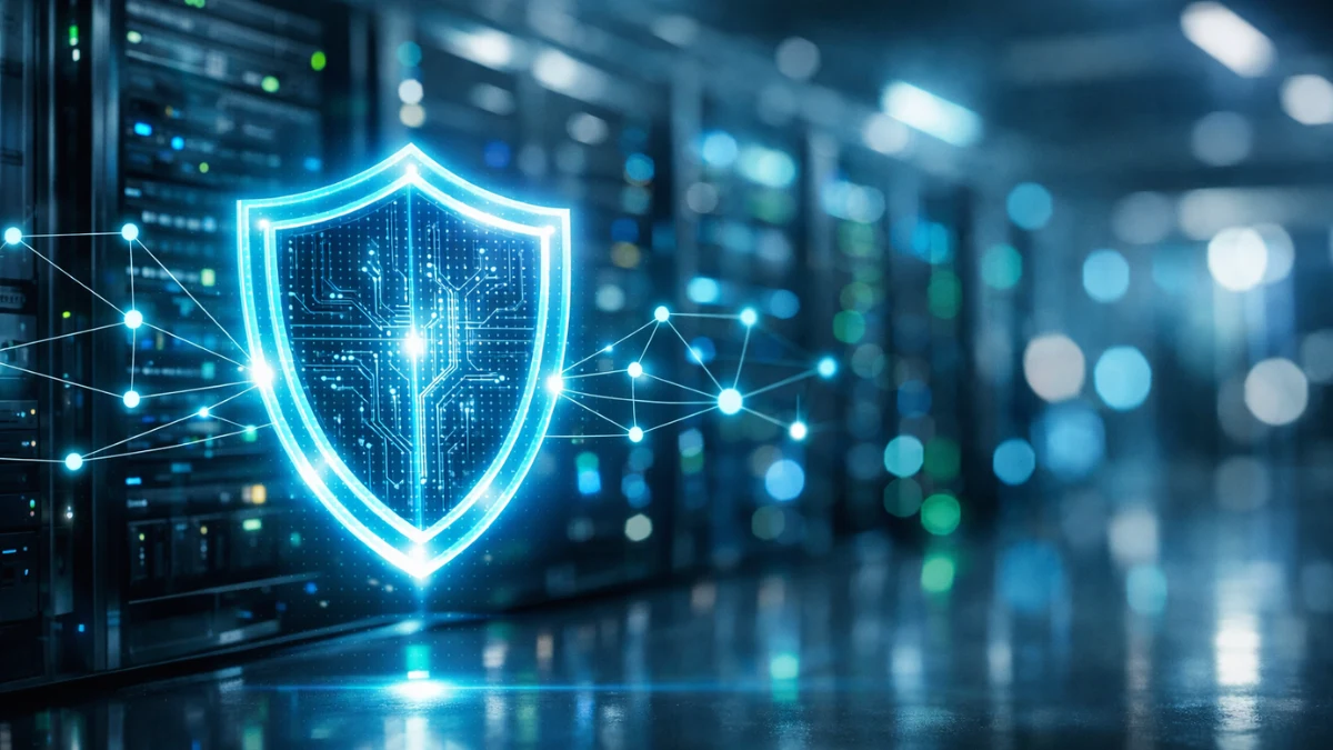 A glowing digital shield representing OpenAI security protecting server nodes in a modern data center.