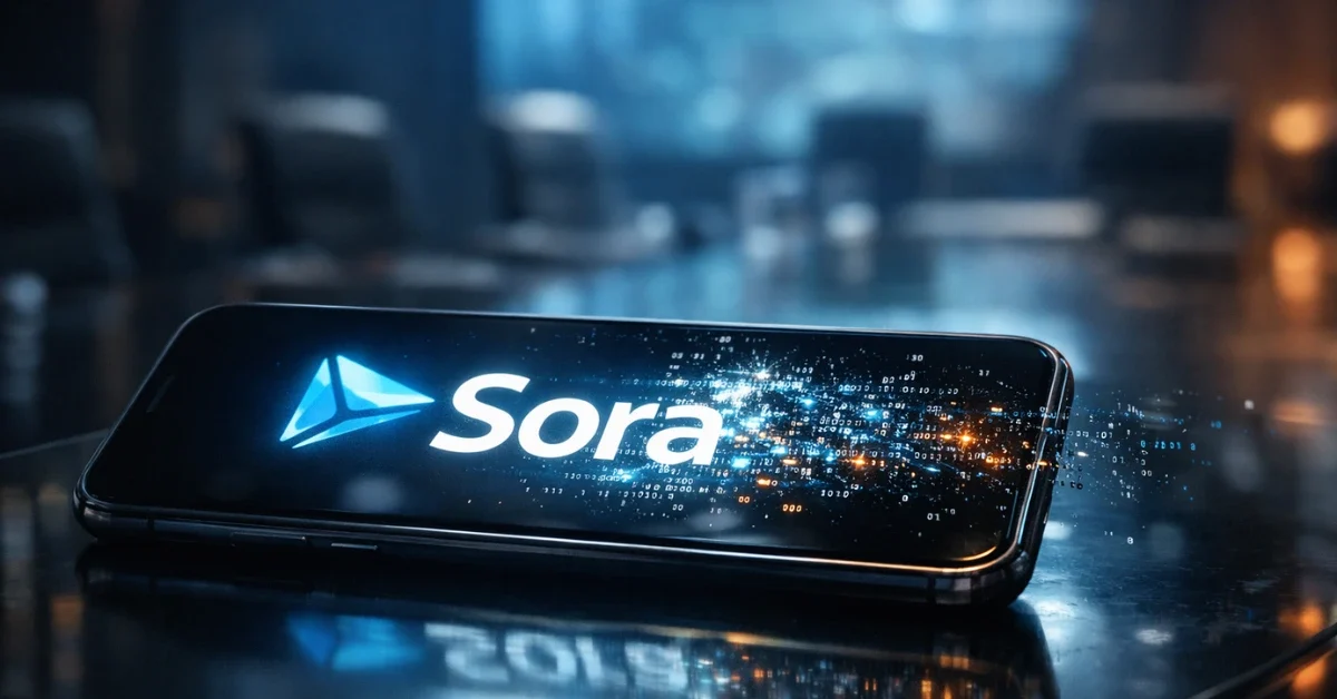 A sleek smartphone on a reflective corporate boardroom table showing the digital Sora logo dissolving into computer code.
