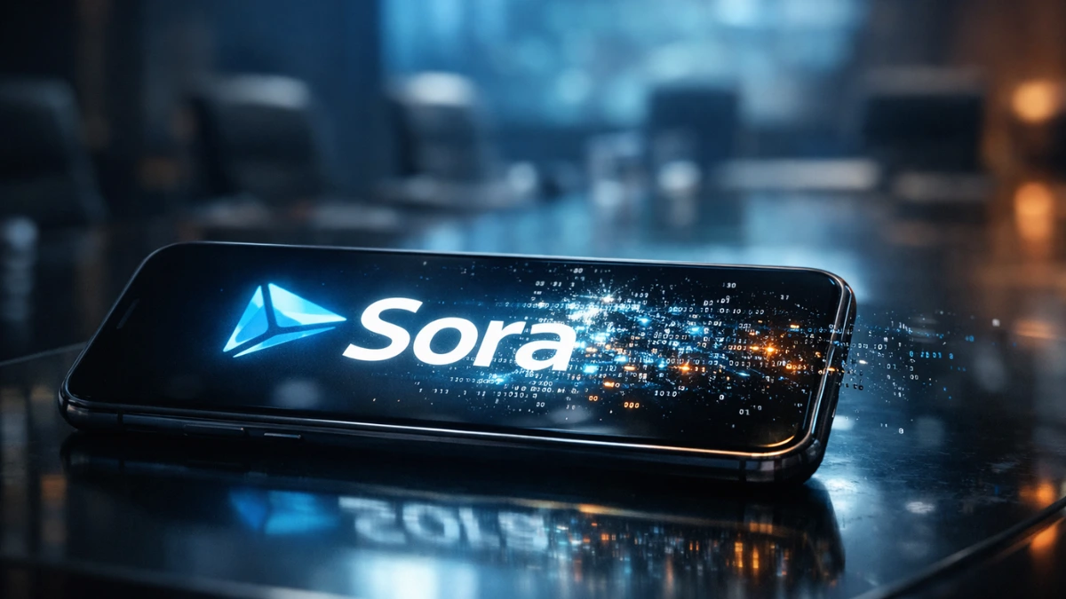 A sleek smartphone on a reflective corporate boardroom table showing the digital Sora logo dissolving into computer code.