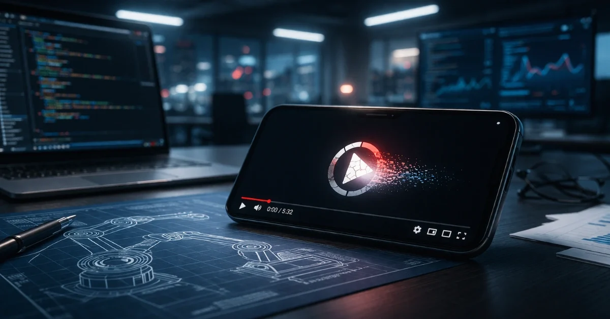 A smartphone with a fading video icon on a desk alongside robotic schematics, symbolizing OpenAI's shift away from video generation toward robotics and coding.