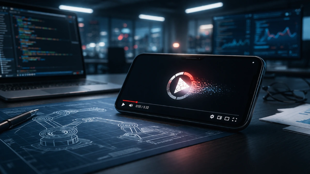 A smartphone with a fading video icon on a desk alongside robotic schematics, symbolizing OpenAI's shift away from video generation toward robotics and coding.