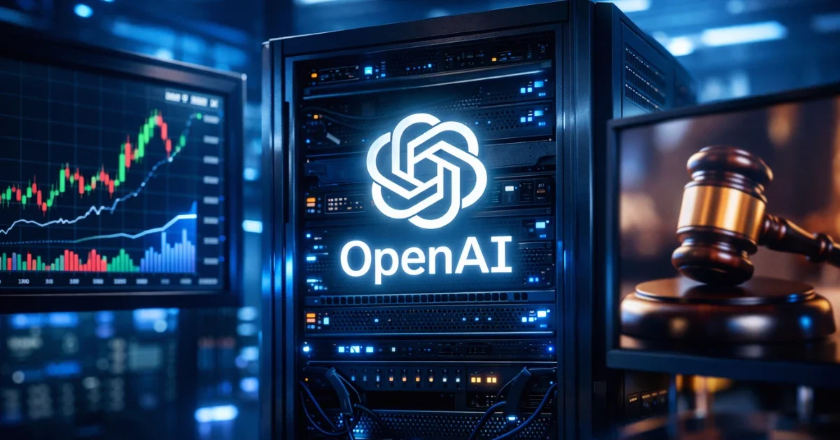 A glowing artificial intelligence logo displayed in a modern data center with financial charts and digital screens in the background.