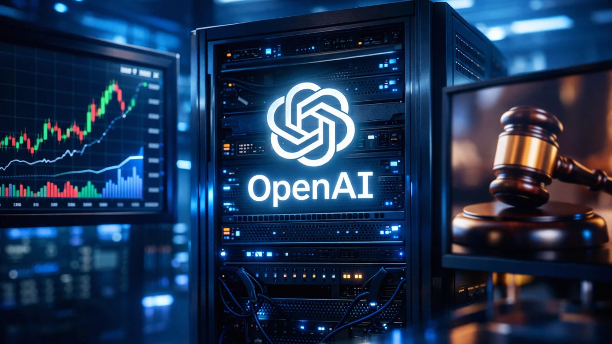 A glowing artificial intelligence logo displayed in a modern data center with financial charts and digital screens in the background.