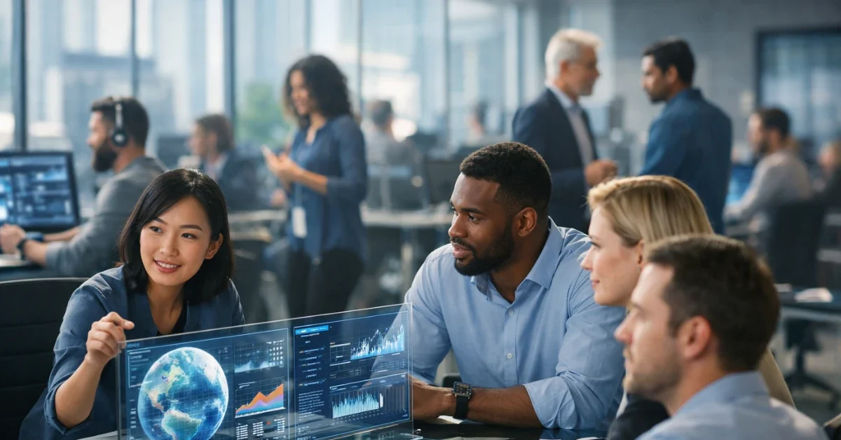 A vibrant and modern open-plan technology office with professionals collaborating around futuristic screens.