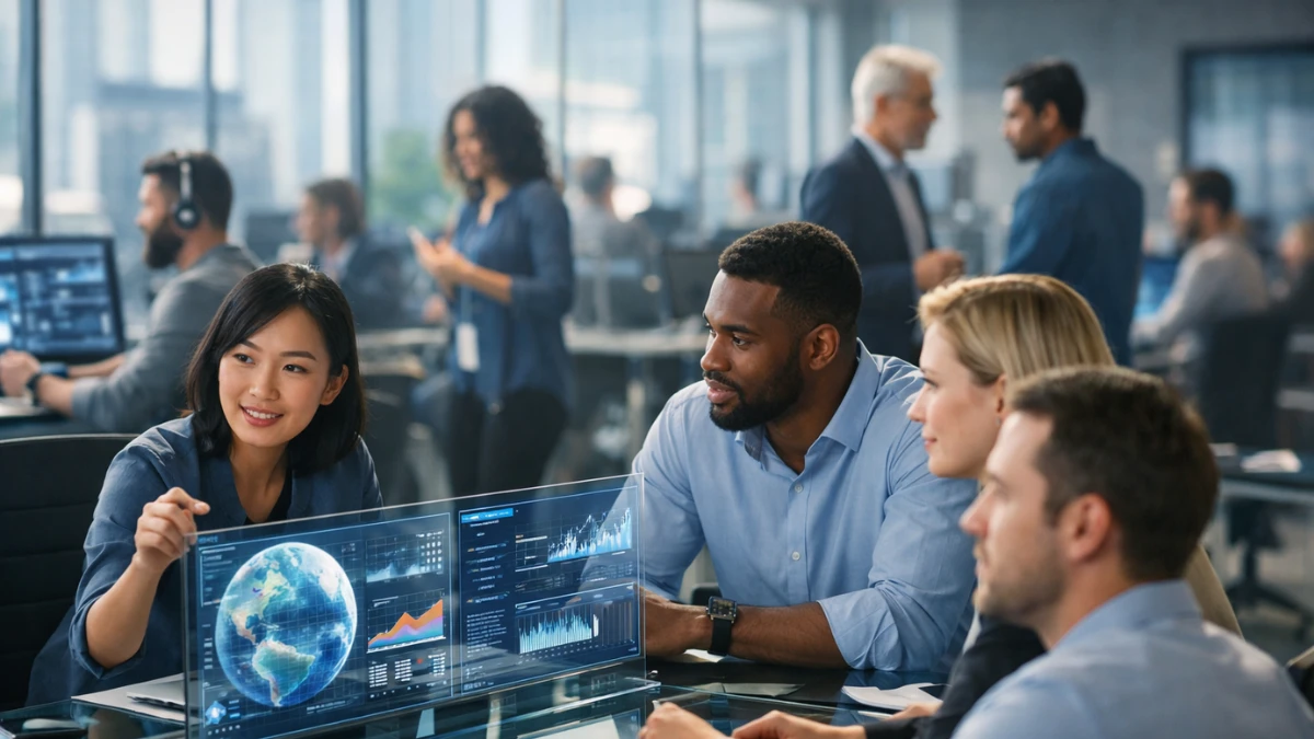 A vibrant and modern open-plan technology office with professionals collaborating around futuristic screens.