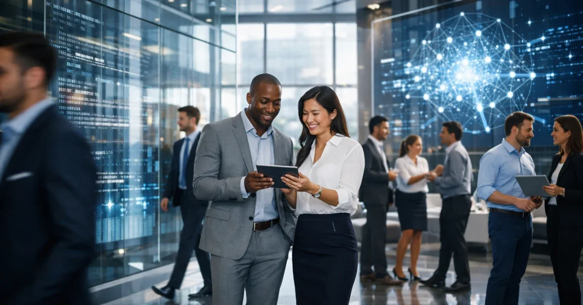 A bright, futuristic corporate office lobby with diverse tech professionals collaborating, representing expanding workforce and technology operations.