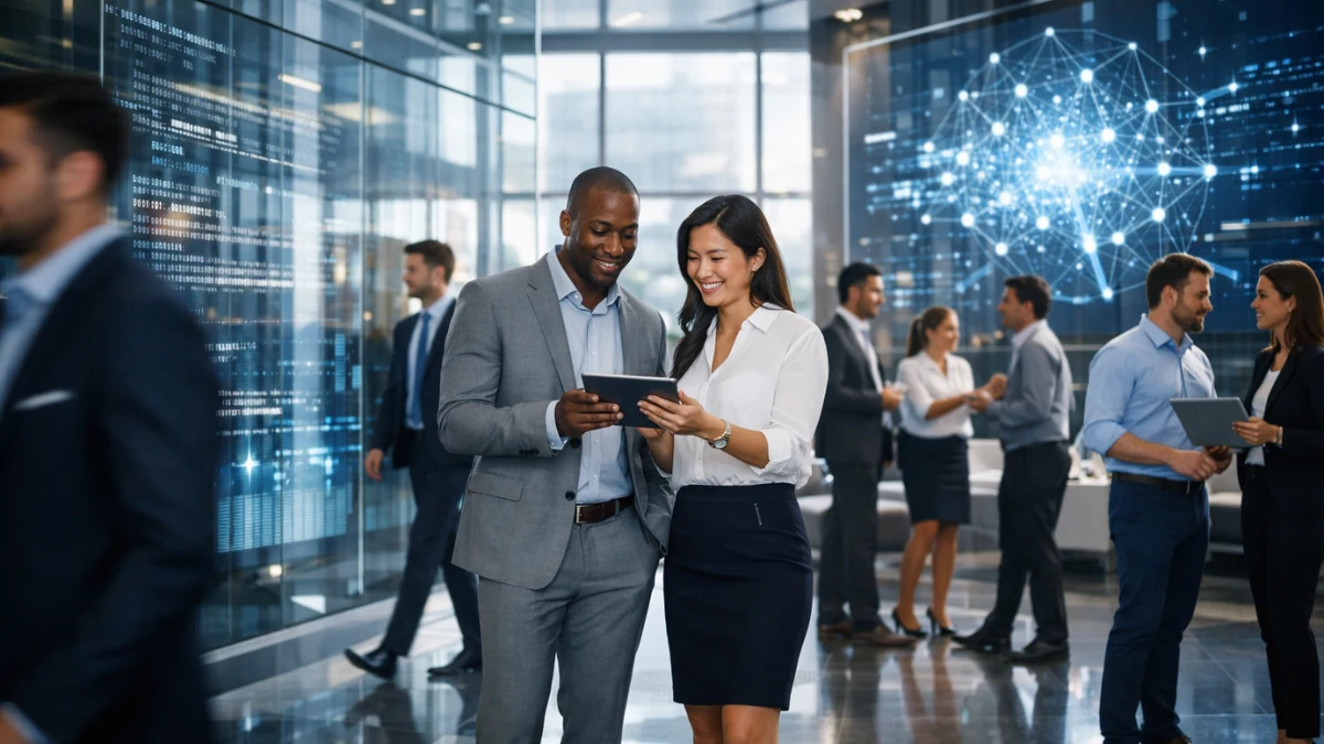 A bright, futuristic corporate office lobby with diverse tech professionals collaborating, representing expanding workforce and technology operations.