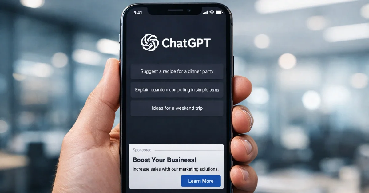 A person holding a smartphone displaying the ChatGPT application interface with a subtle advertisement box at the bottom of the screen.