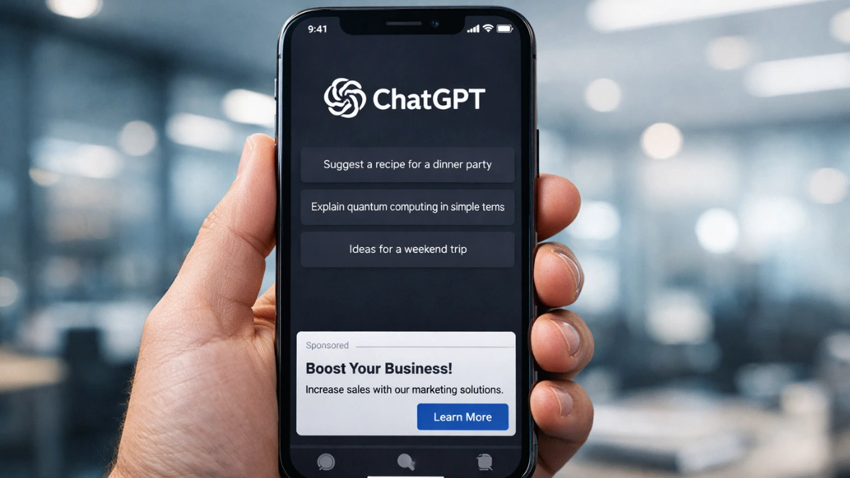 A person holding a smartphone displaying the ChatGPT application interface with a subtle advertisement box at the bottom of the screen.