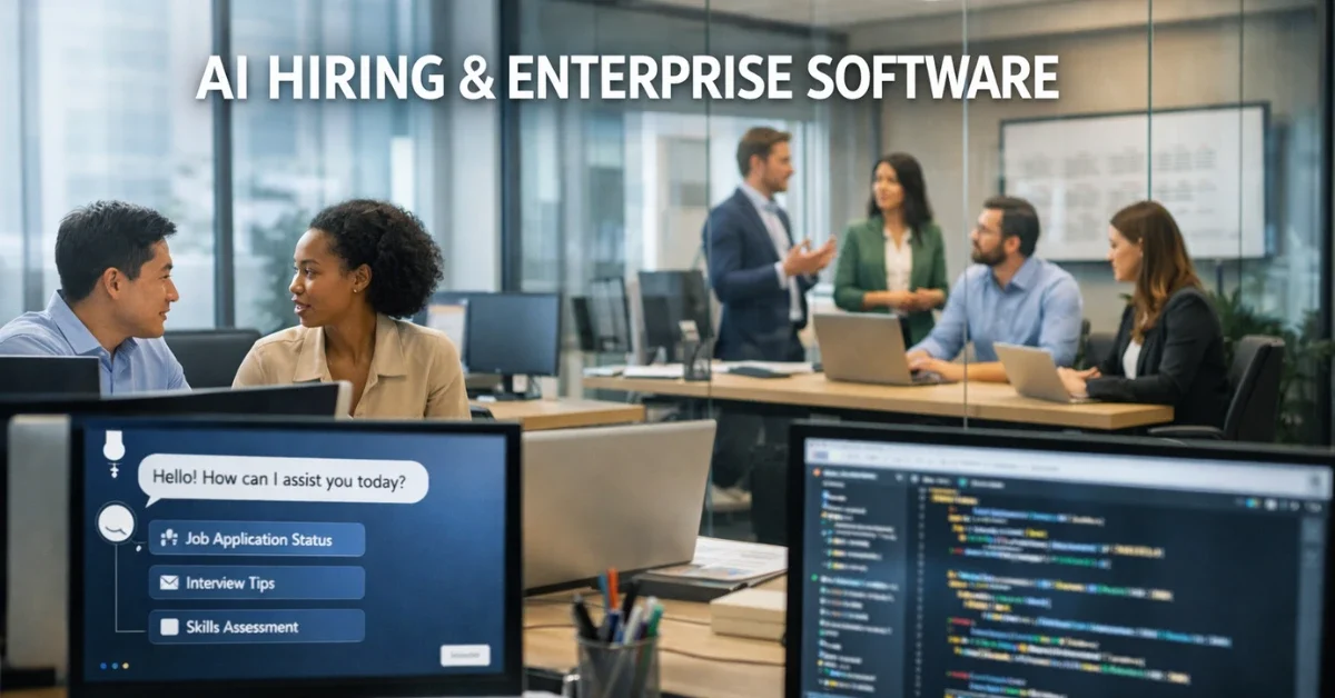 Professionals working and meeting in a modern technology office with computer screens showing generic AI software interfaces.