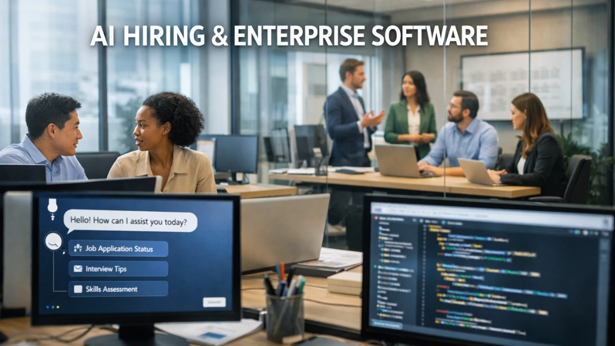 Professionals working and meeting in a modern technology office with computer screens showing generic AI software interfaces.