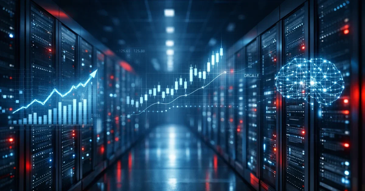 A high-tech server room with blue and red LED lighting representing Oracle's cloud computing infrastructure and artificial intelligence data centers.