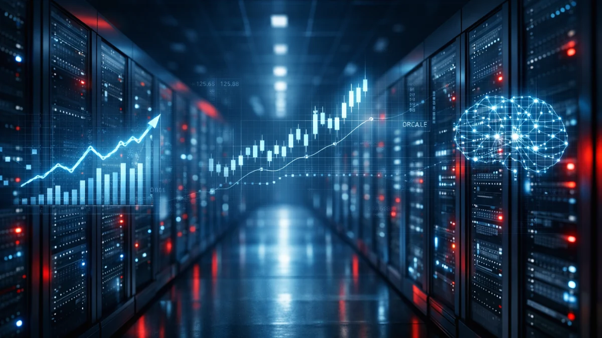 A high-tech server room with blue and red LED lighting representing Oracle's cloud computing infrastructure and artificial intelligence data centers.