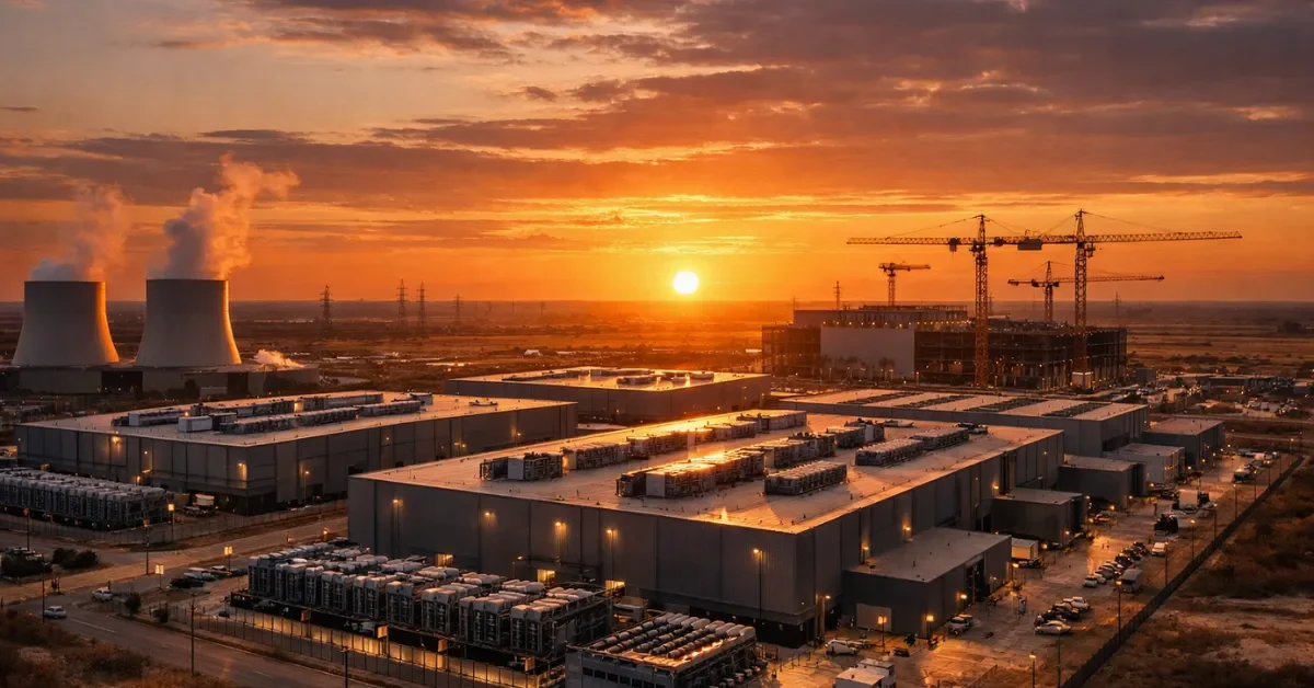 A wide view of a large, modern artificial intelligence data center under construction in a Texas landscape at sunset.