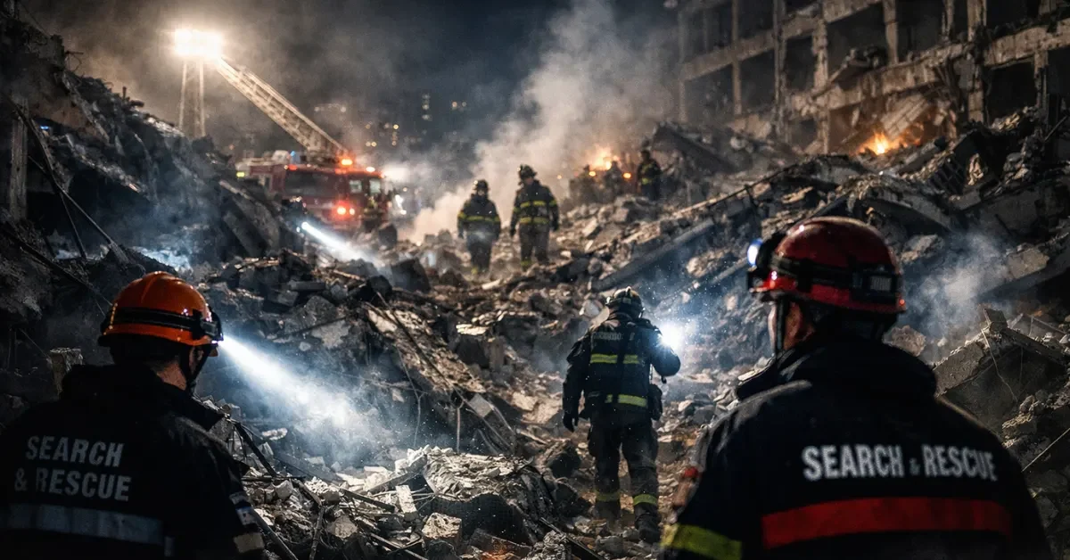 Nighttime rescue operations underway at the destroyed Omid Addiction Treatment Hospital in Kabul following a devastating airstrike, with first responders searching the rubble using flashlights.