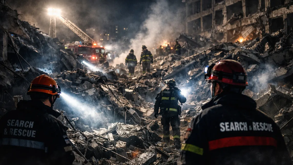 Nighttime rescue operations underway at the destroyed Omid Addiction Treatment Hospital in Kabul following a devastating airstrike, with first responders searching the rubble using flashlights.