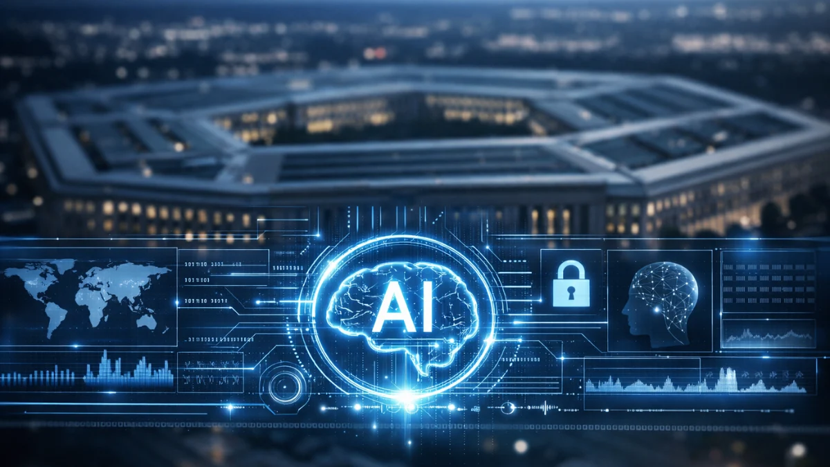 A glowing digital AI interface overlaid on a softly blurred view of the Pentagon building.