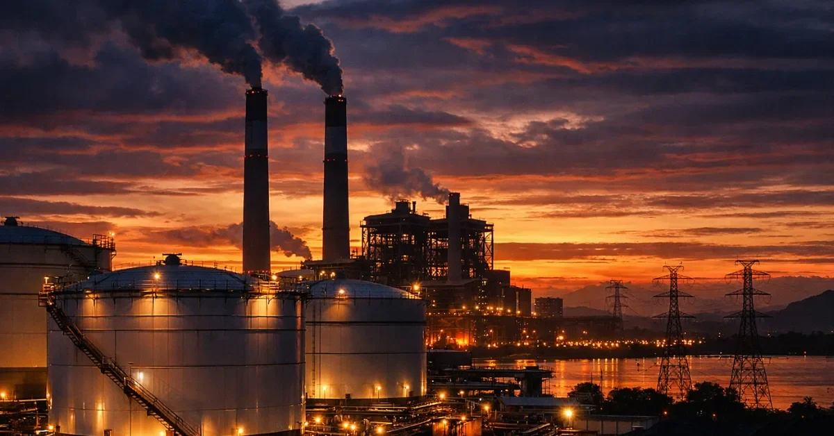 A dramatic wide shot of a Philippine energy facility at dusk, featuring fuel storage tanks and smokestacks under a deep sunset sky.
