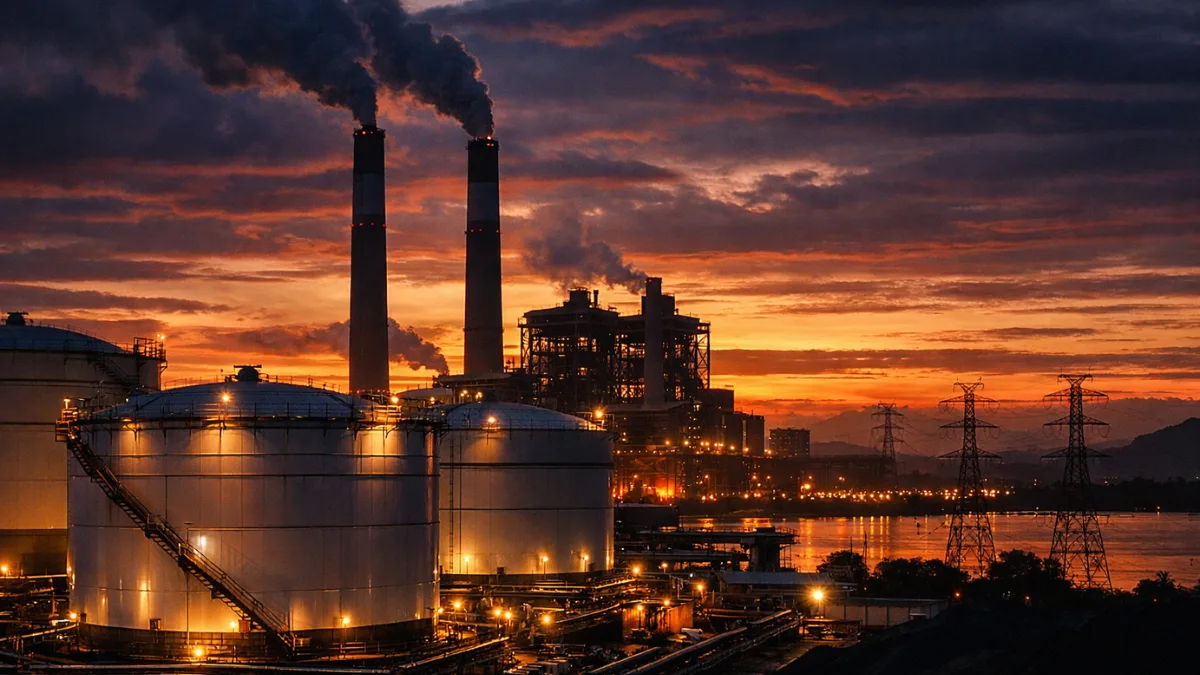 A dramatic wide shot of a Philippine energy facility at dusk, featuring fuel storage tanks and smokestacks under a deep sunset sky.