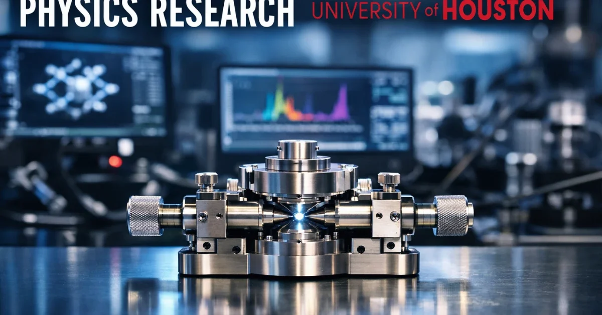 A high-tech physics laboratory featuring a diamond anvil cell used for advanced ambient pressure superconductivity research.