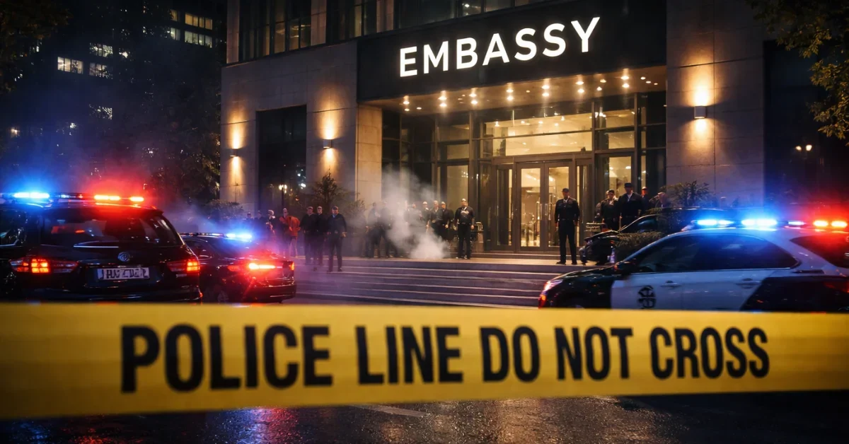 Police vehicles with flashing lights cordoning off the street outside an embassy building at night following an explosion.