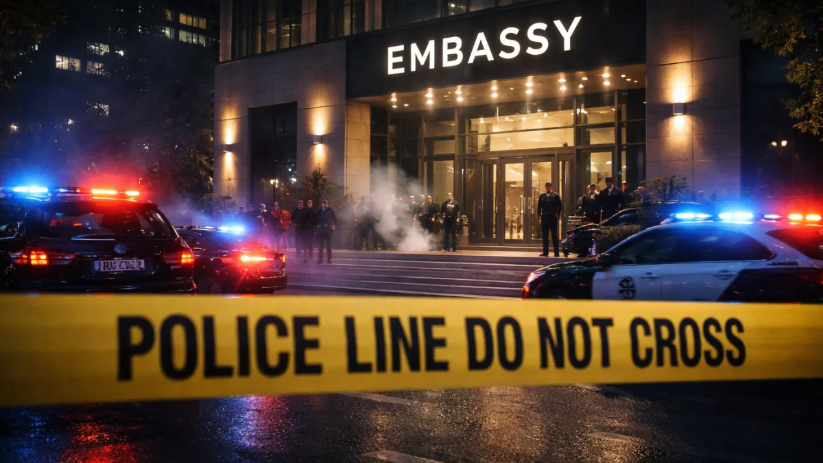 Police vehicles with flashing lights cordoning off the street outside an embassy building at night following an explosion.