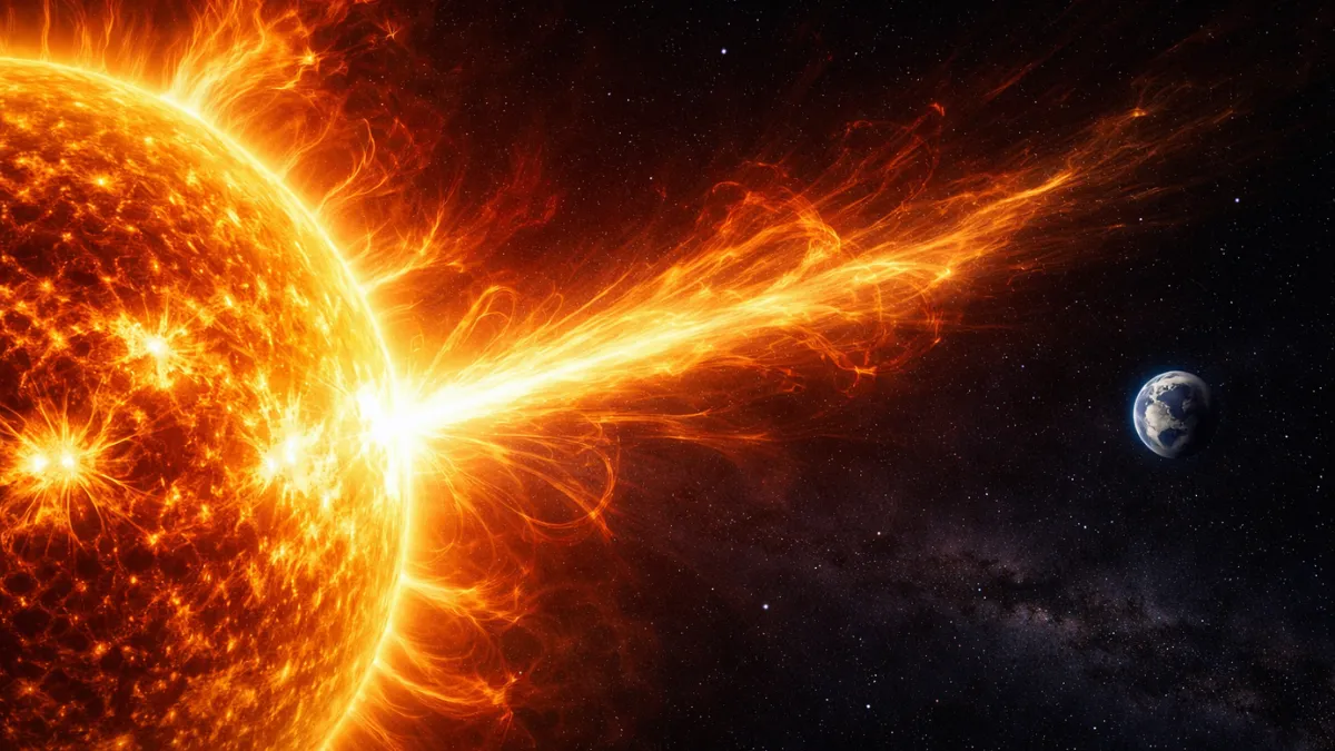 A hyper-realistic depiction of the Sun emitting a massive and bright solar flare toward a distant Earth in deep space.