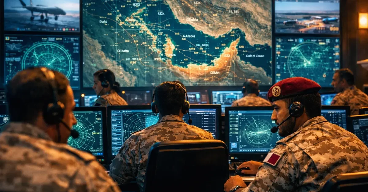 Qatari military personnel monitoring radar screens and airspace data in a high-tech defense control room.