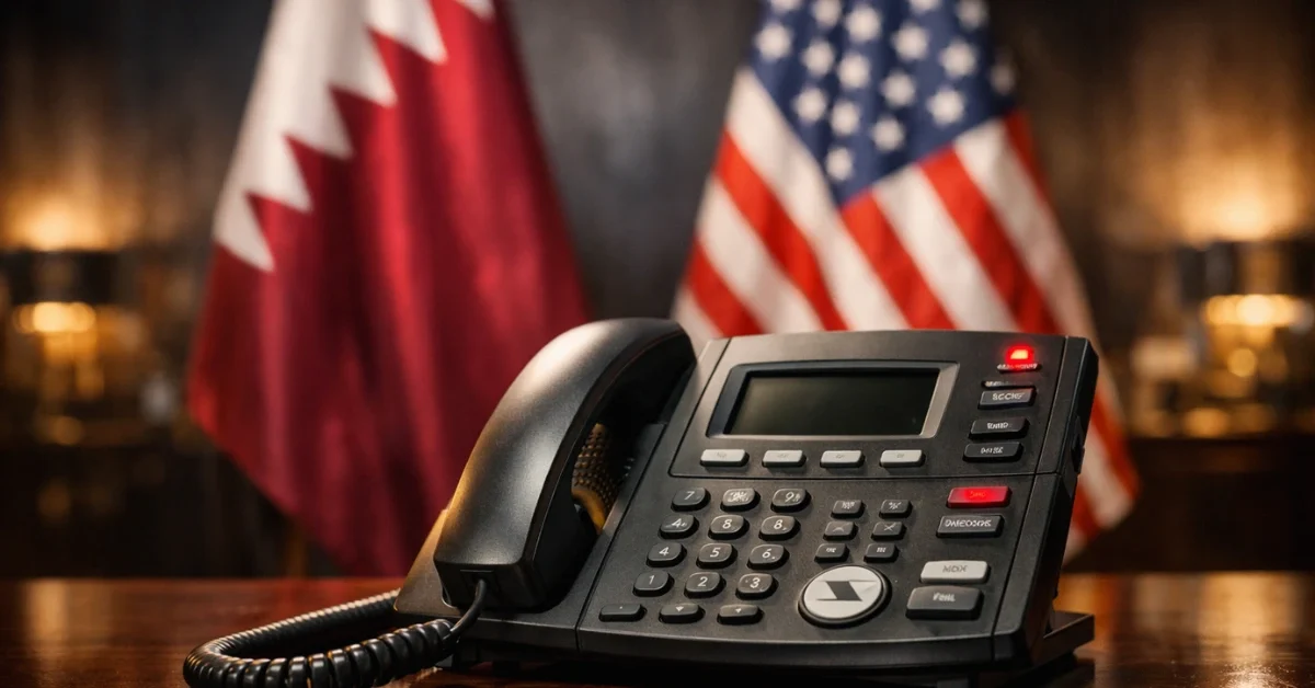 A high-end secure telephone on a polished wooden desk with subtly blurred flags of Qatar and the United States in the background, representing a high-stakes diplomatic phone call.