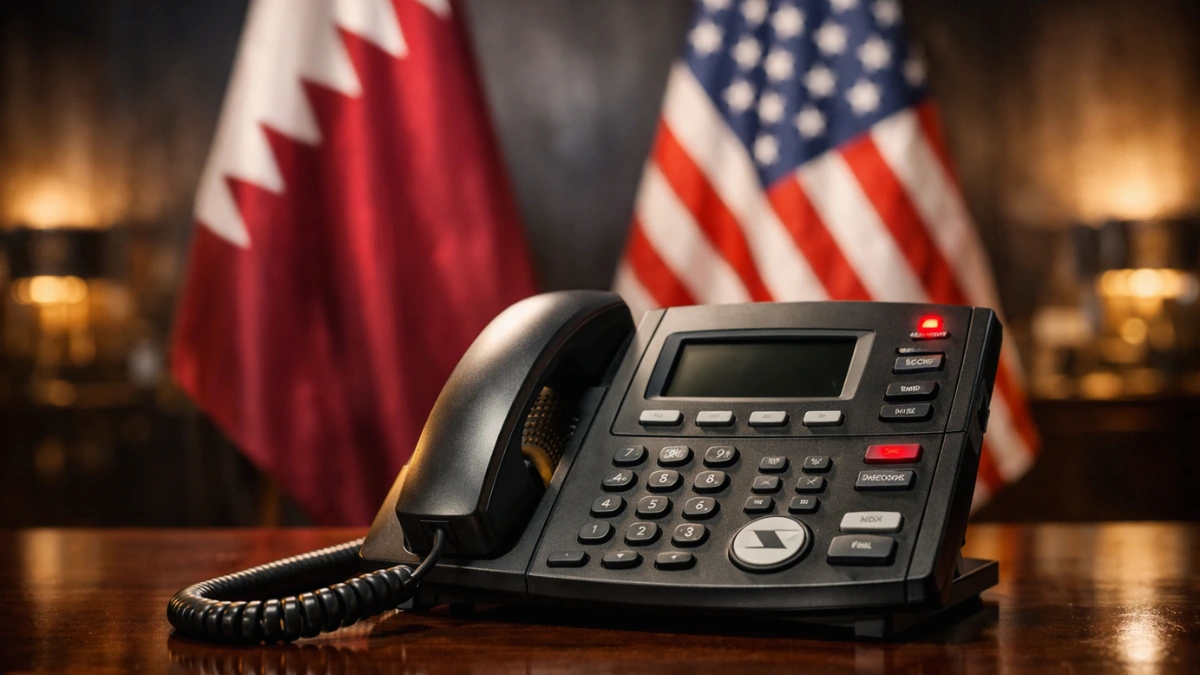 A high-end secure telephone on a polished wooden desk with subtly blurred flags of Qatar and the United States in the background, representing a high-stakes diplomatic phone call.