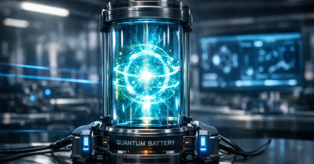 A futuristic, glowing quantum battery prototype sitting on a modern laboratory testing bench illuminated by subtle blue lasers.