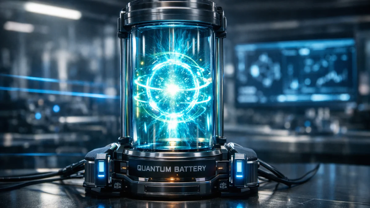 A futuristic, glowing quantum battery prototype sitting on a modern laboratory testing bench illuminated by subtle blue lasers.