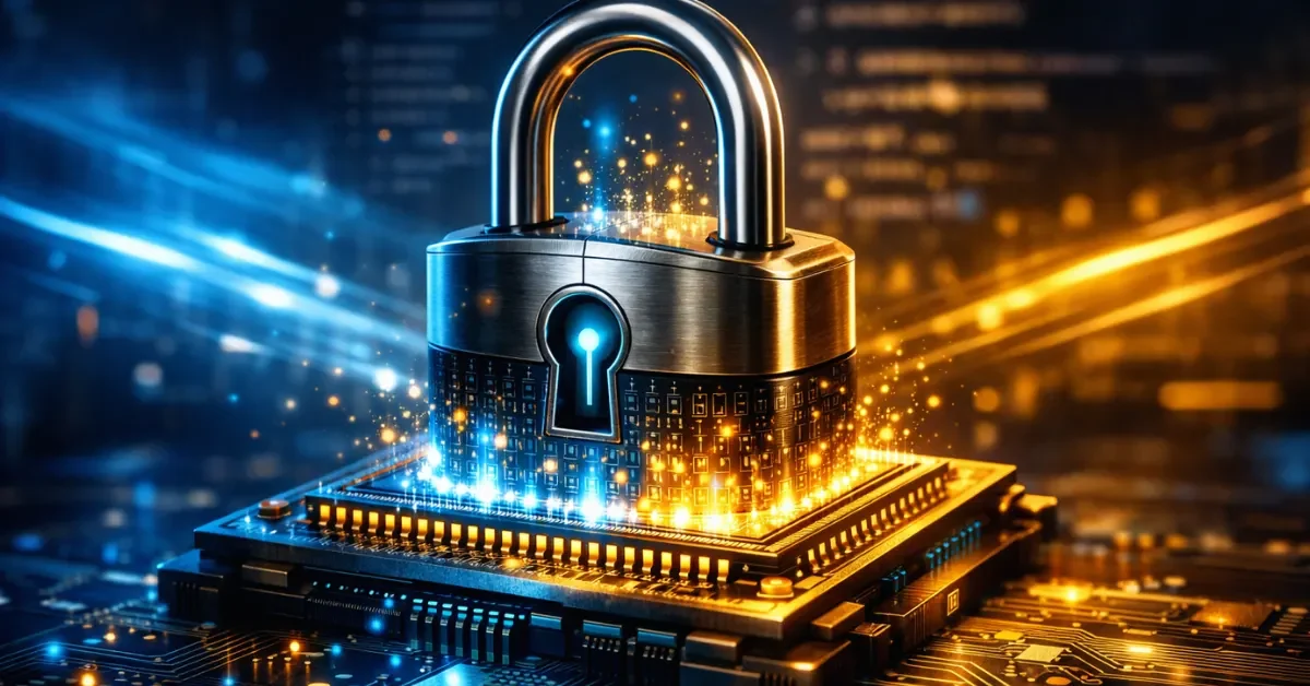 A glowing quantum processor merging with a secure padlock against a dark technological background with blue and gold lighting.