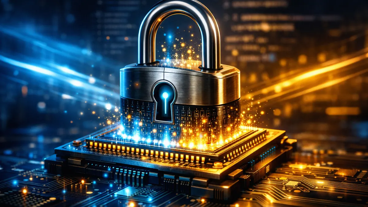 A glowing quantum processor merging with a secure padlock against a dark technological background with blue and gold lighting.